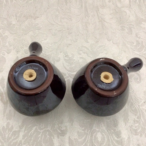 Vintage Ceramic Blue and Brown Drip Glaze Handled Salt and Pepper Shaker Set - Picture 7 of 7